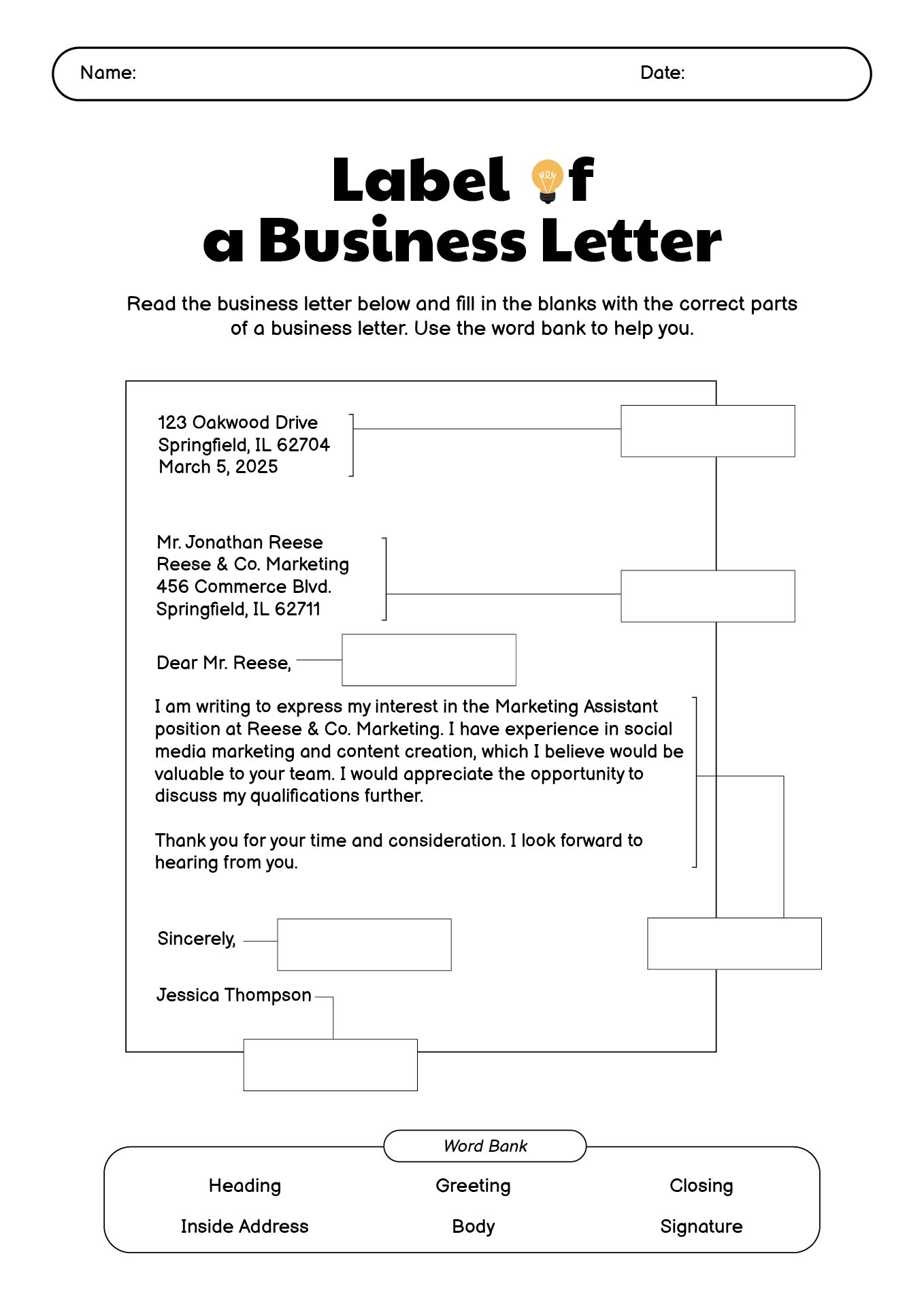14 Parts Of A Business Letter Worksheet Free PDF At Worksheeto