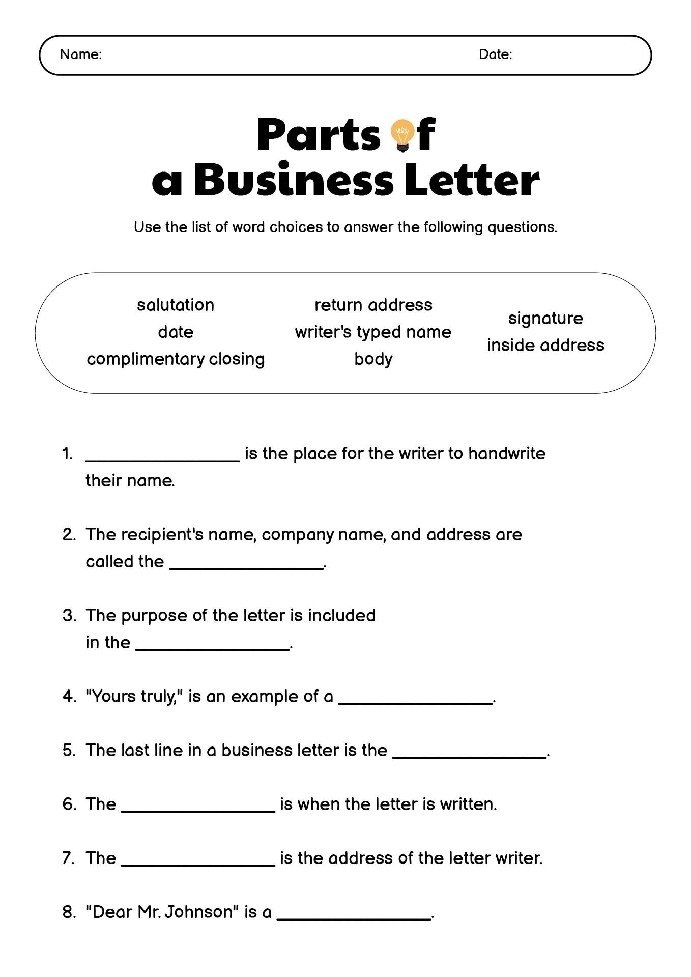 14 Parts Of A Business Letter Worksheet Free PDF At Worksheeto Quiz Worksheet Parts Of Business Letters Study