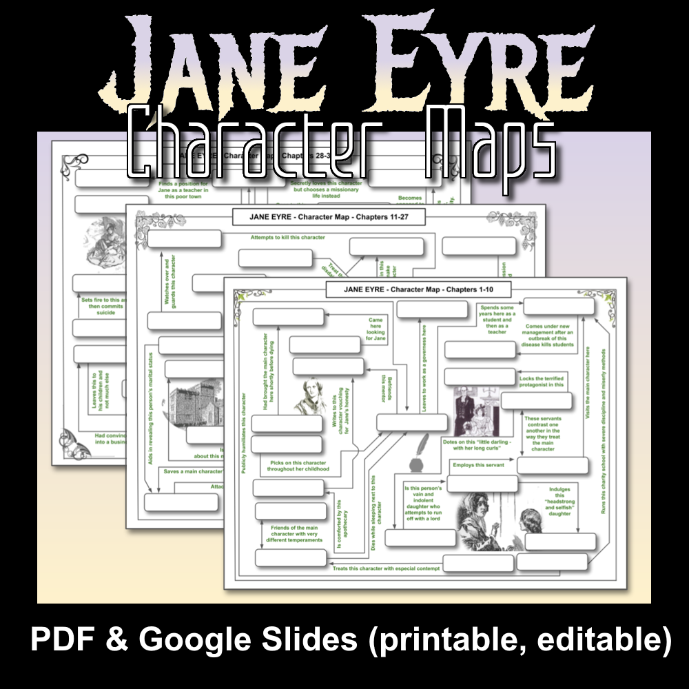 3 JANE EYRE Character Maps Quiz Worksheet Review Study Sheets PDF SLIDES Made By Teachers
