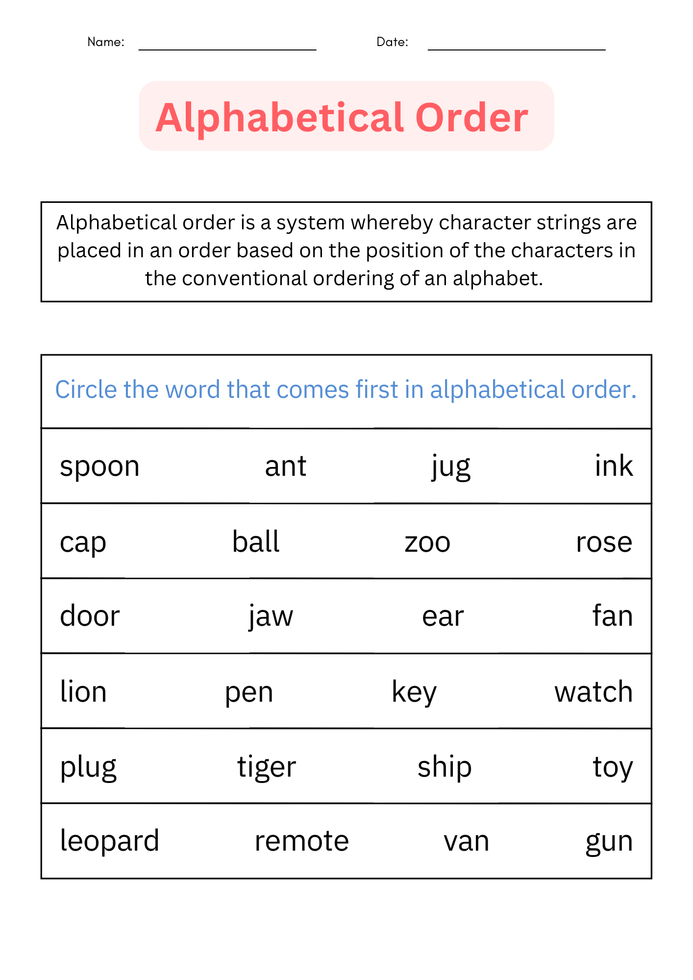 Alphabet Worksheets Alphabetical Order Worksheets