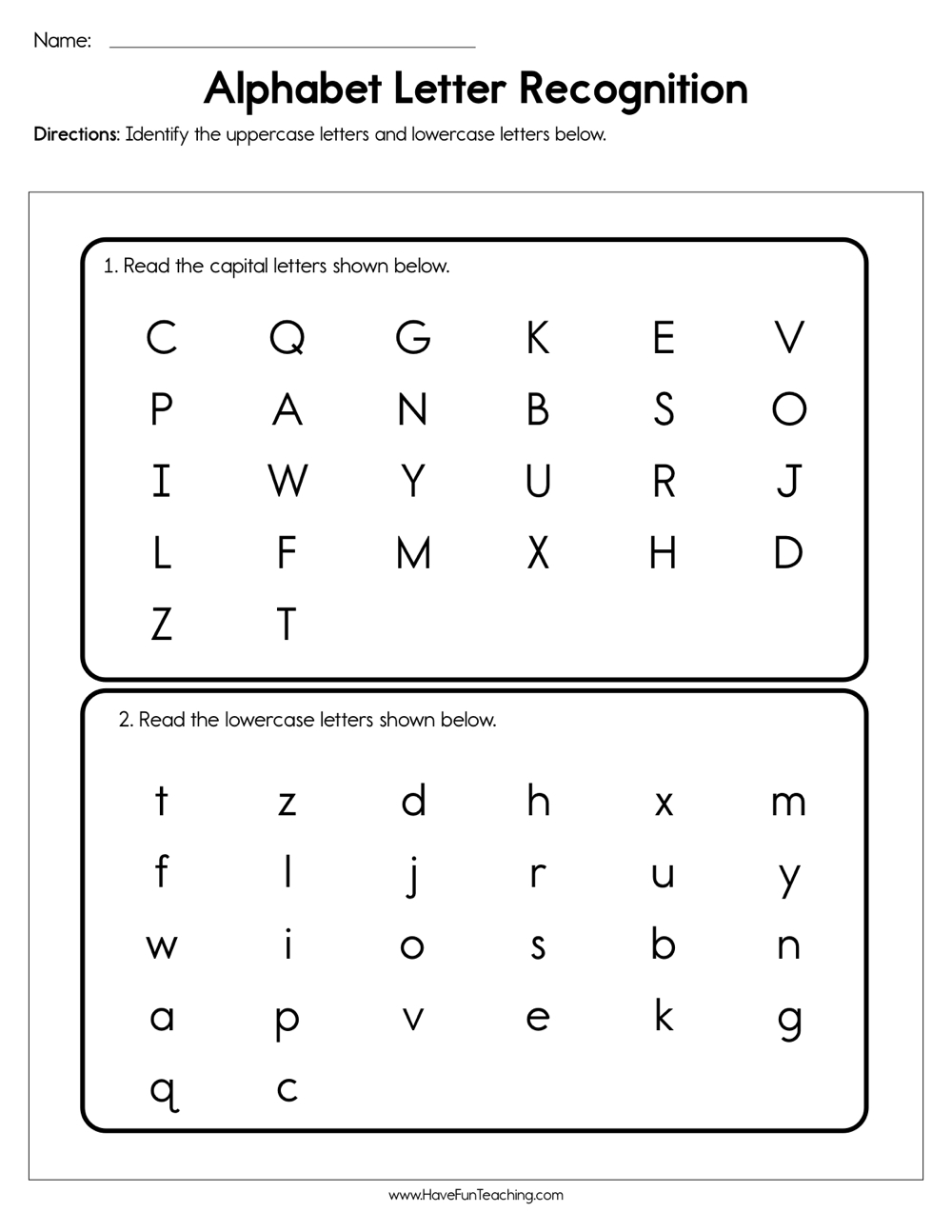 Alphabet Letter Recognition Assessment Have Fun Teaching FREE Printable Alphabet Letter Recognition Worksheets Pdf A To Z