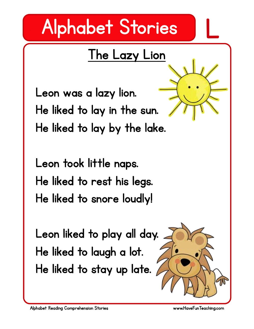 Alphabet Stories Letter L Reading Comprehension Worksheet Have Fun Teaching Letter L Worksheets For Preschool Free Printable