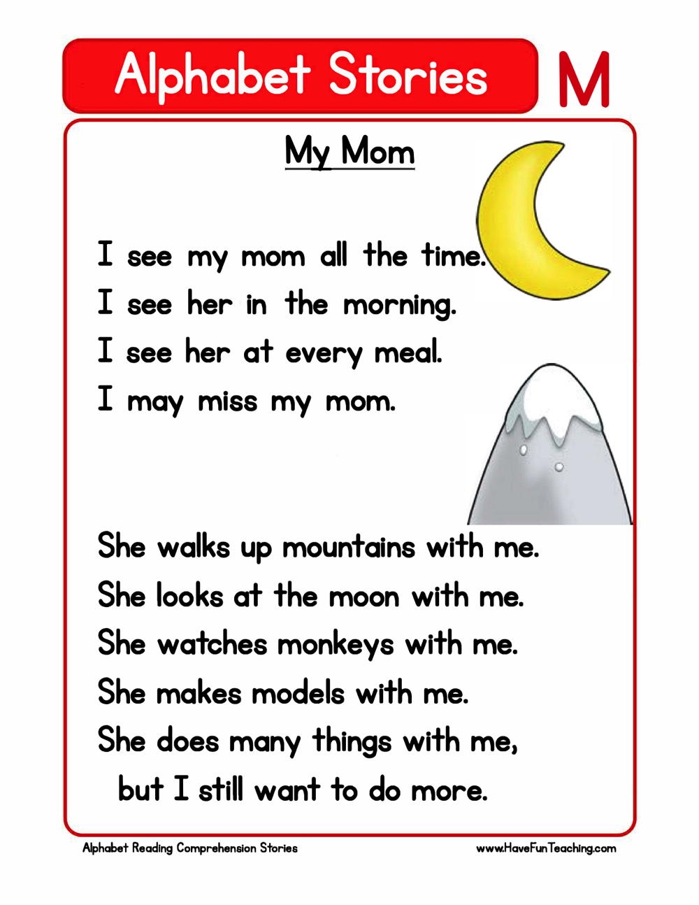 Alphabet Stories Letter M Reading Comprehension Worksheet Have Fun Teaching
