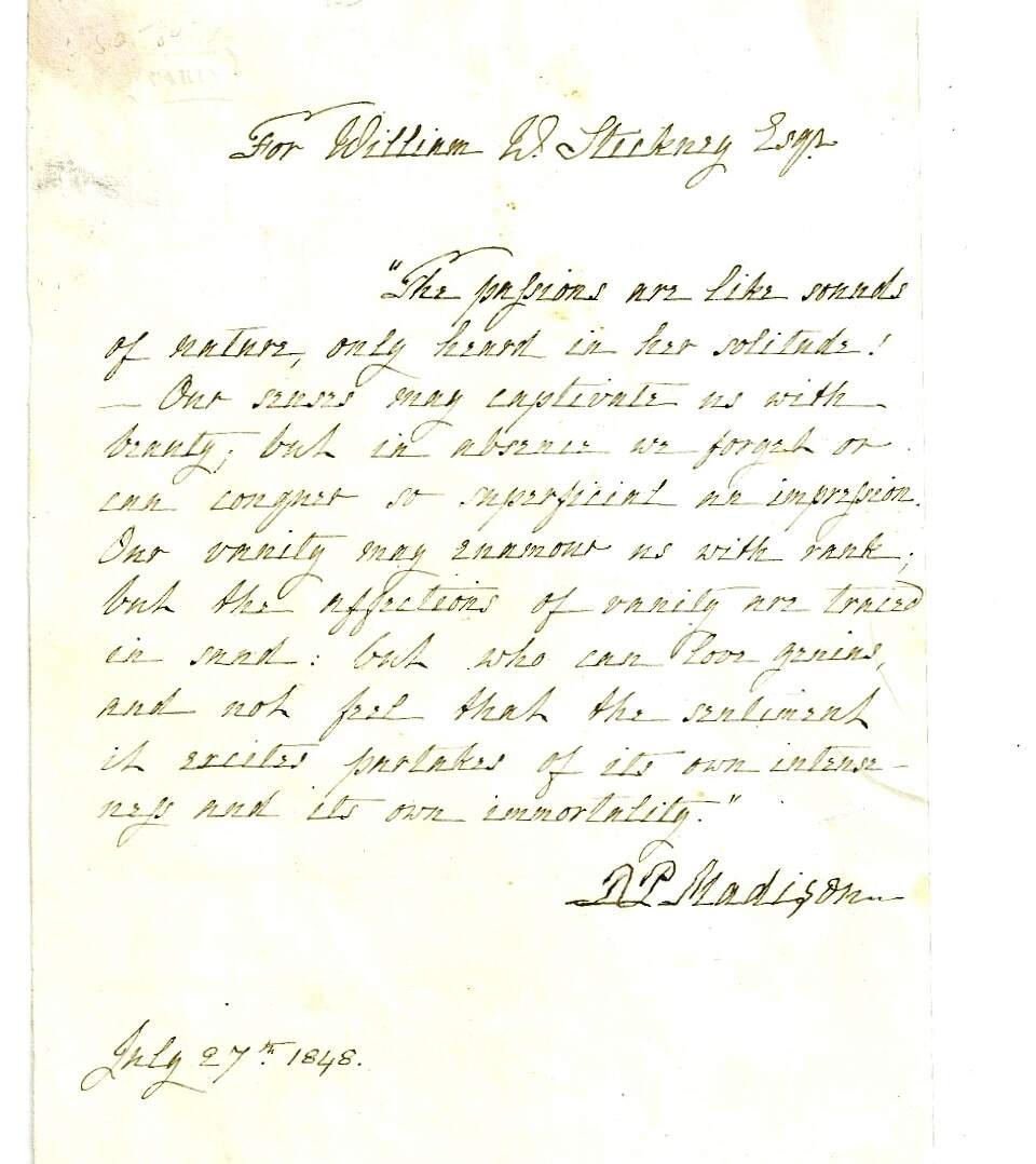 AUTOGRAPH MANUSCRIPT SIGNED AMS By MADISON Dolley Manuscript 1848 Signed By Author S Charles Agvent Est 1987 ABAA ILAB