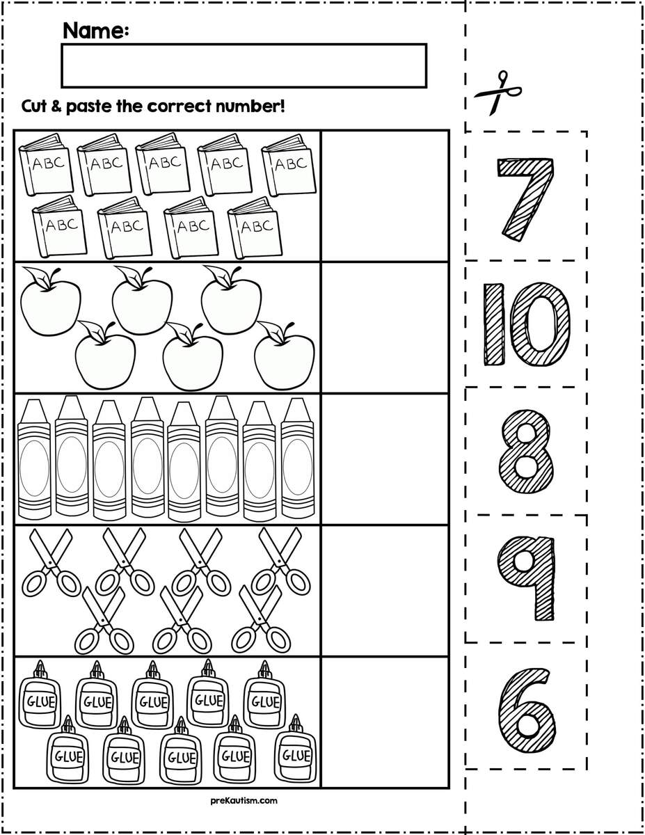 Back To School Cut Match Worksheets Numbers 6 10 By PreKautism G1 Numbers Cut And Paste Worksheet For Kindergarten K5 And ESL Students Free Download Ezpzlearn