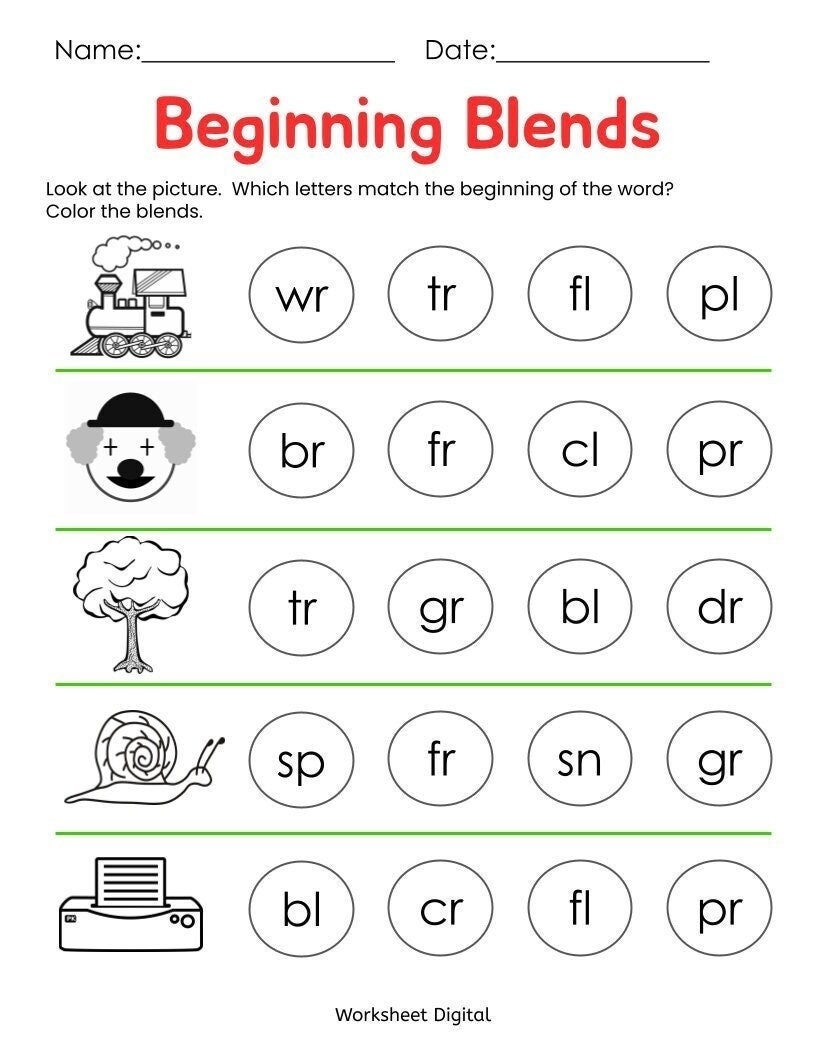 Beginning Blends Worksheets Kindergarten Preschool Printable PDF Etsy