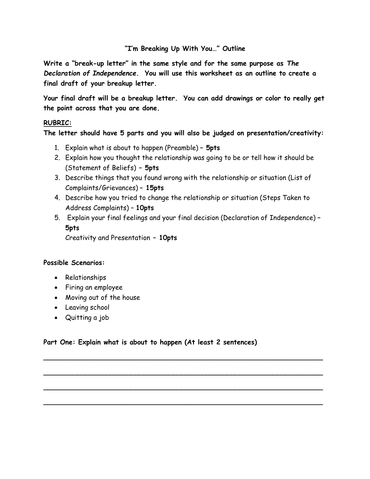 Break Up Letter Outline Declaration Of Independence Style