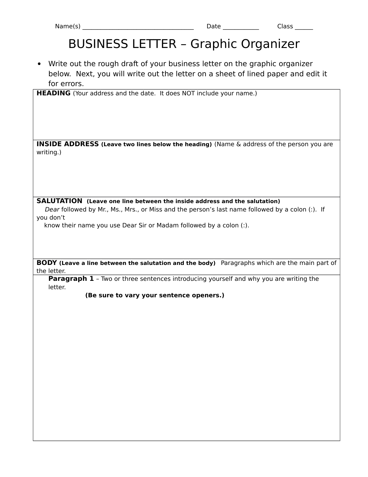 Business Letter Graphic Organizer By Tinakt Ninja Plans