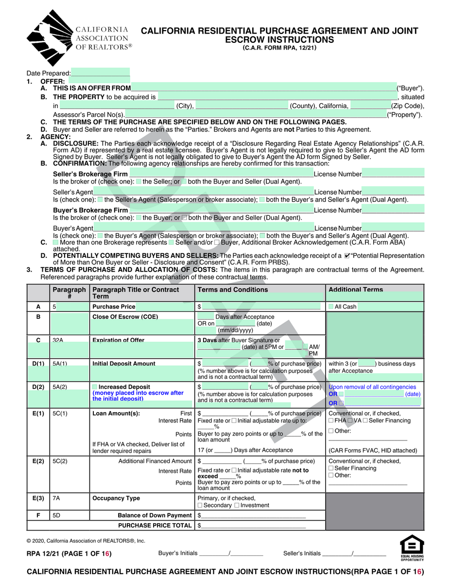 California Residential Purchase Agreement And Joint Escrow Instructions California Residential Purchase Agreement And Joint Escrow Instructions