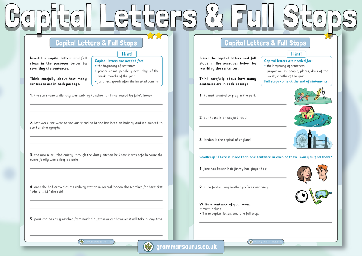 Capital Letters And Full Stops Grammarsaurus The Capital Letters And Full Stops Activity Pack