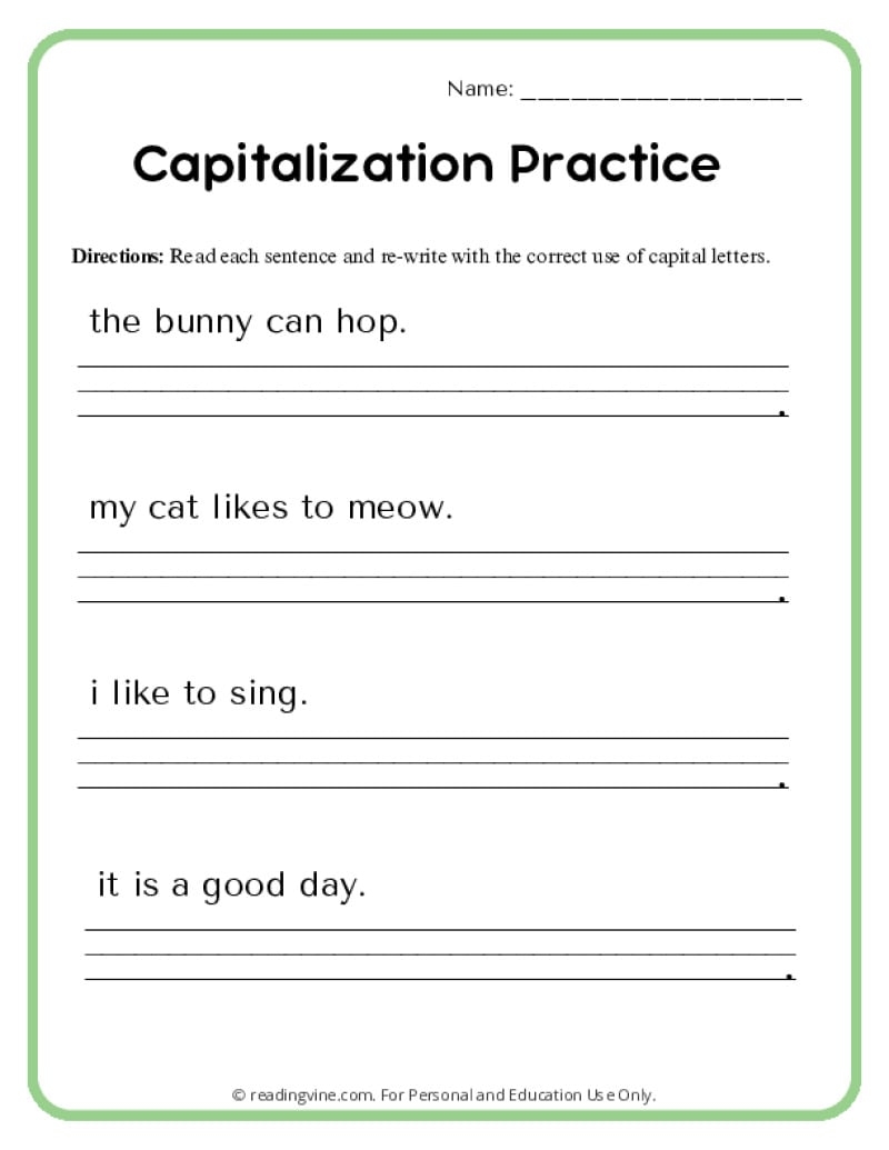 Capitalization Worksheets ReadingVine