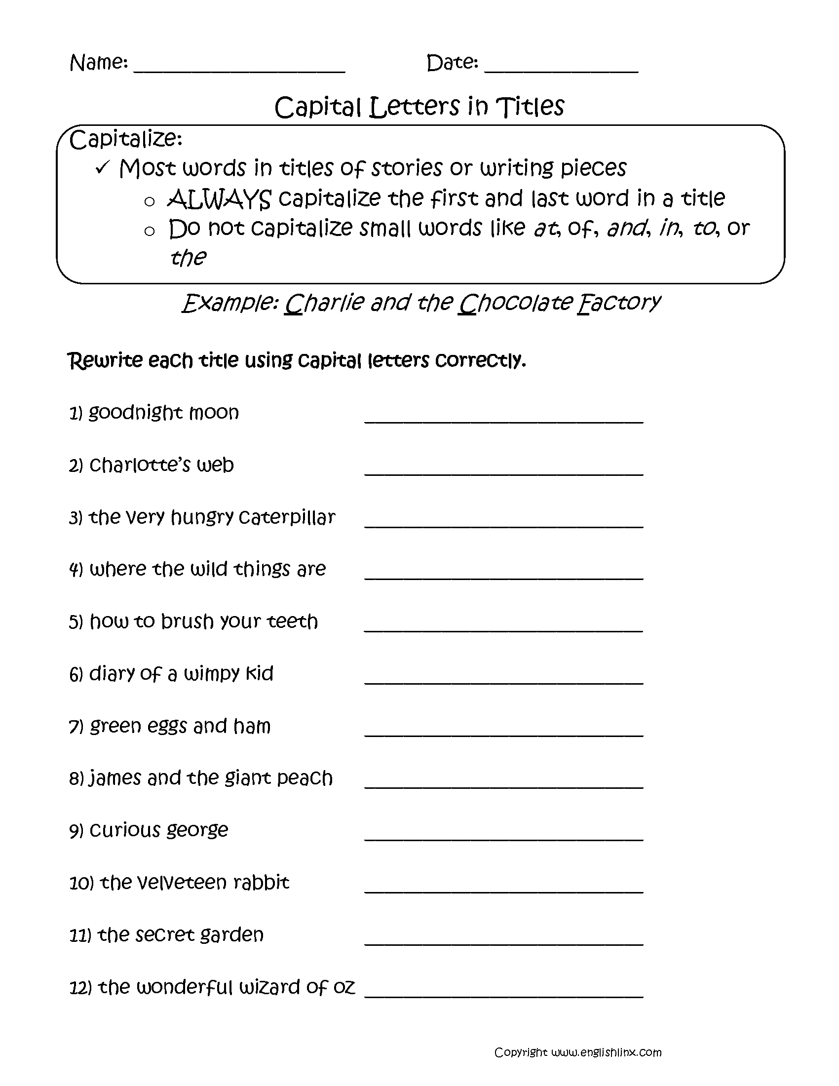 Capitalization Worksheets Titles Capitalization Worksheets