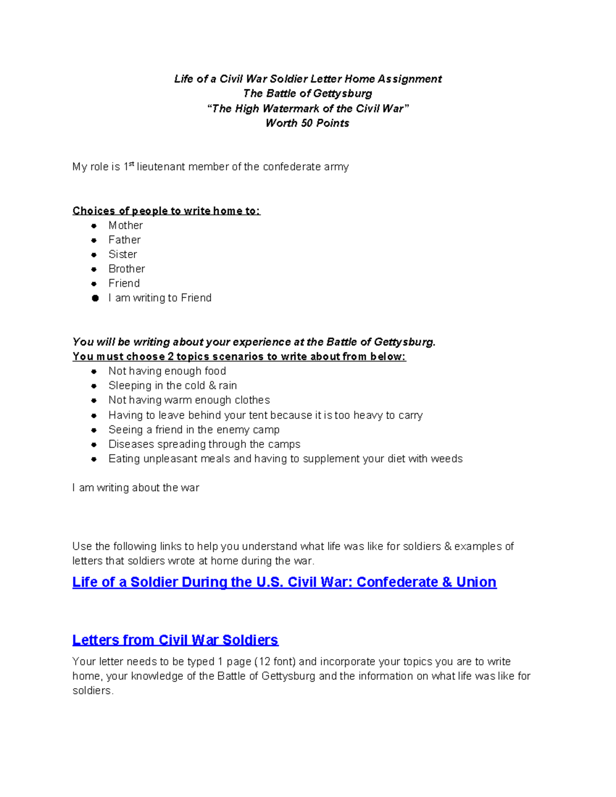 Civil War Experience Letter Home Assignment 3679679 Studocu