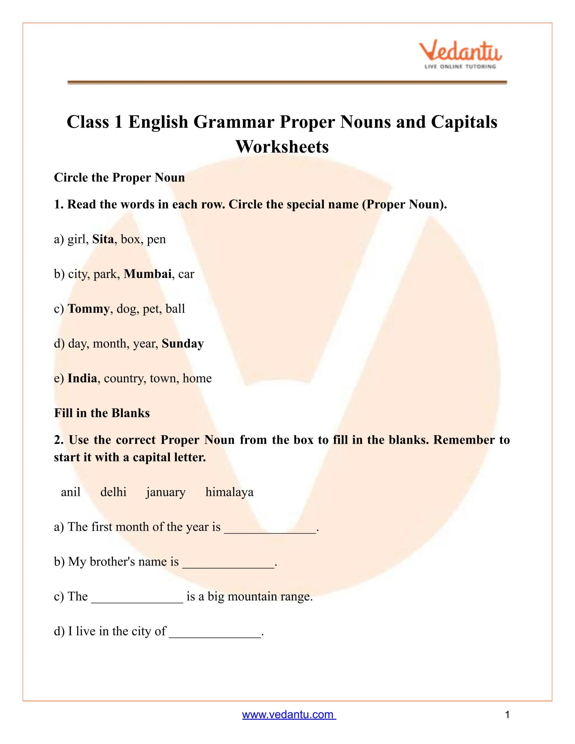 Class 1 Proper Nouns Capitals Worksheet PDF Free Download Capitalization Worksheets Capitalizing And Writing Proper Nouns Worksheet