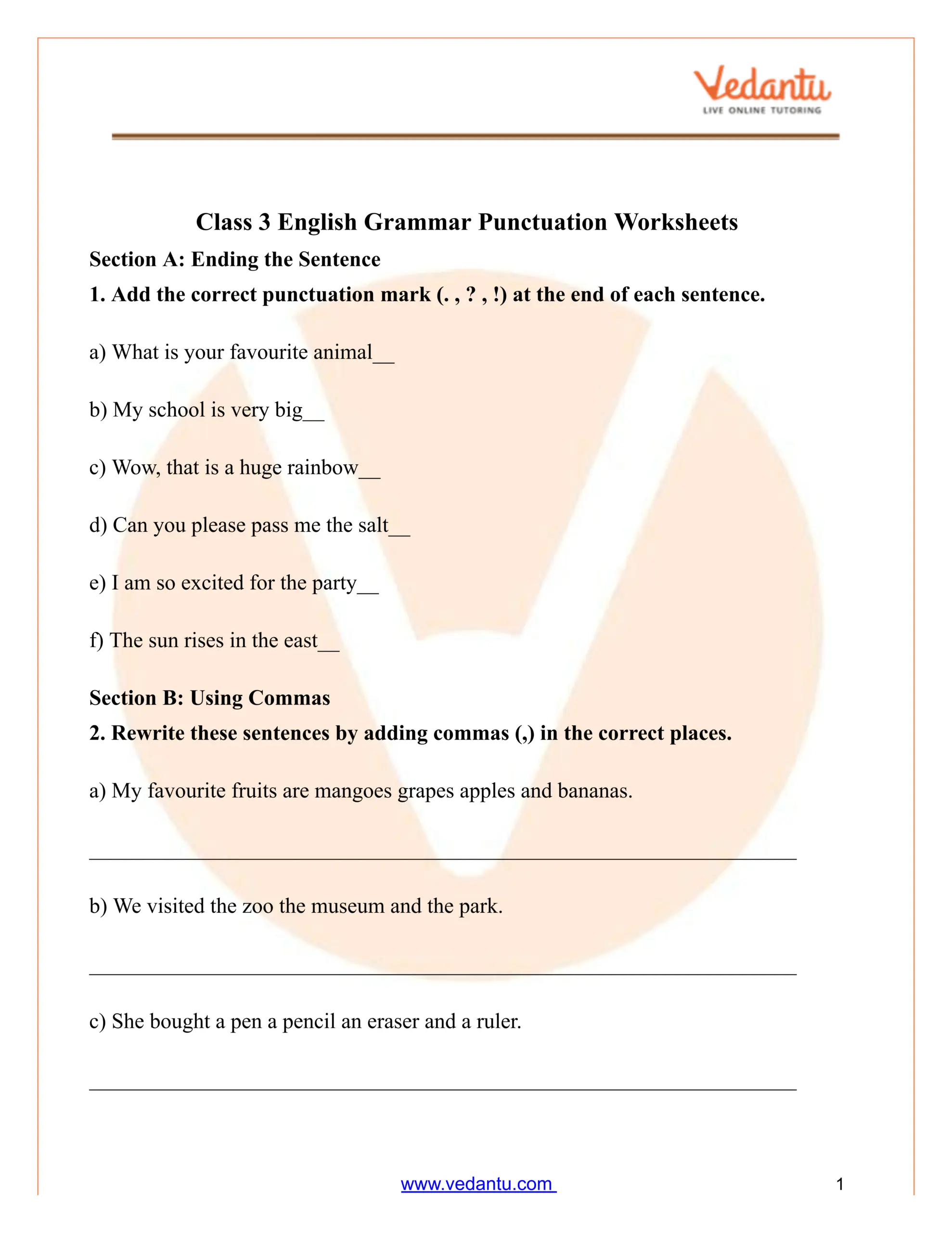 Class 3 English Grammar Punctuation Worksheet PDF Free Practice