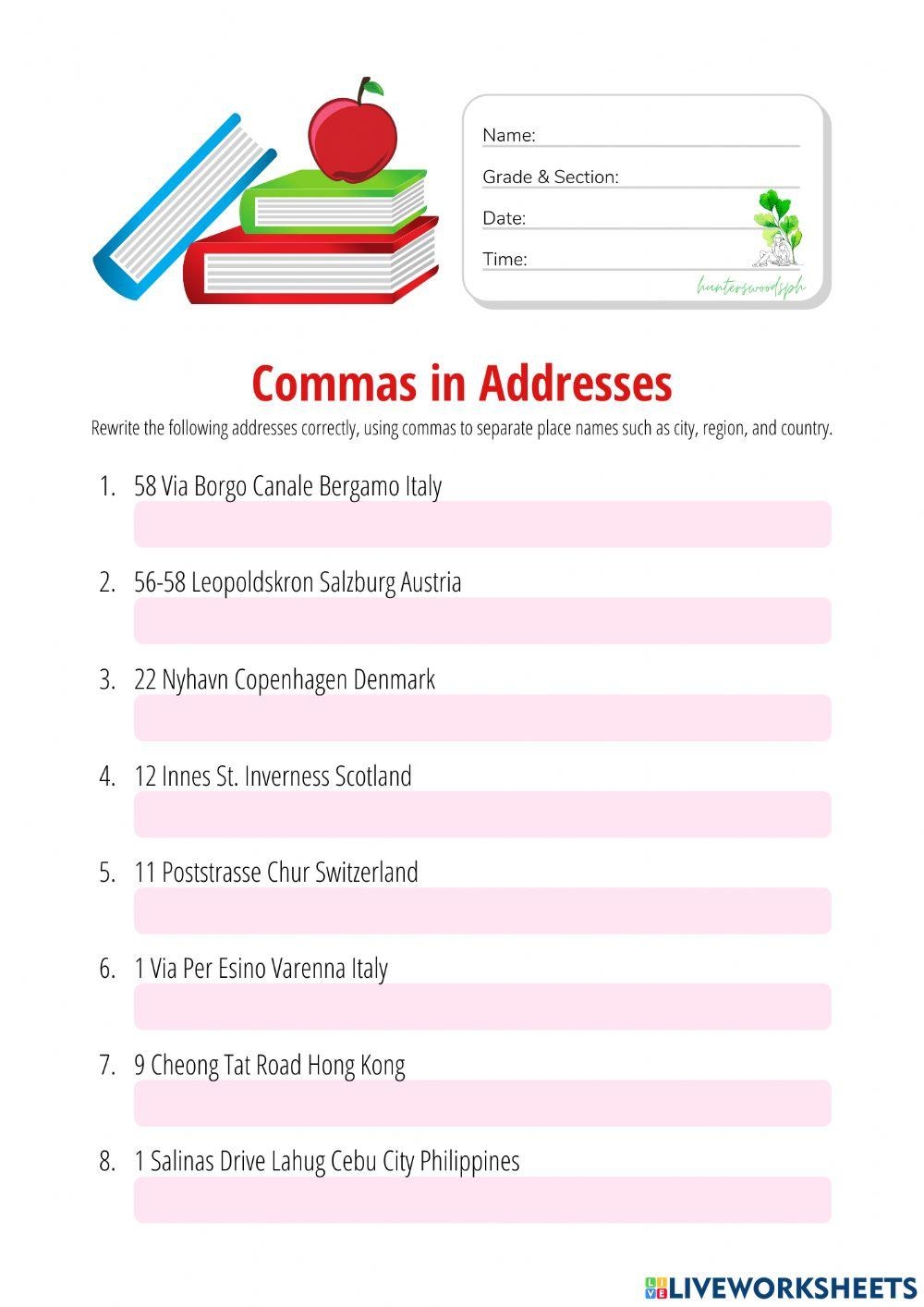 Commas In Addresses Interactive Worksheet Worksheets Library