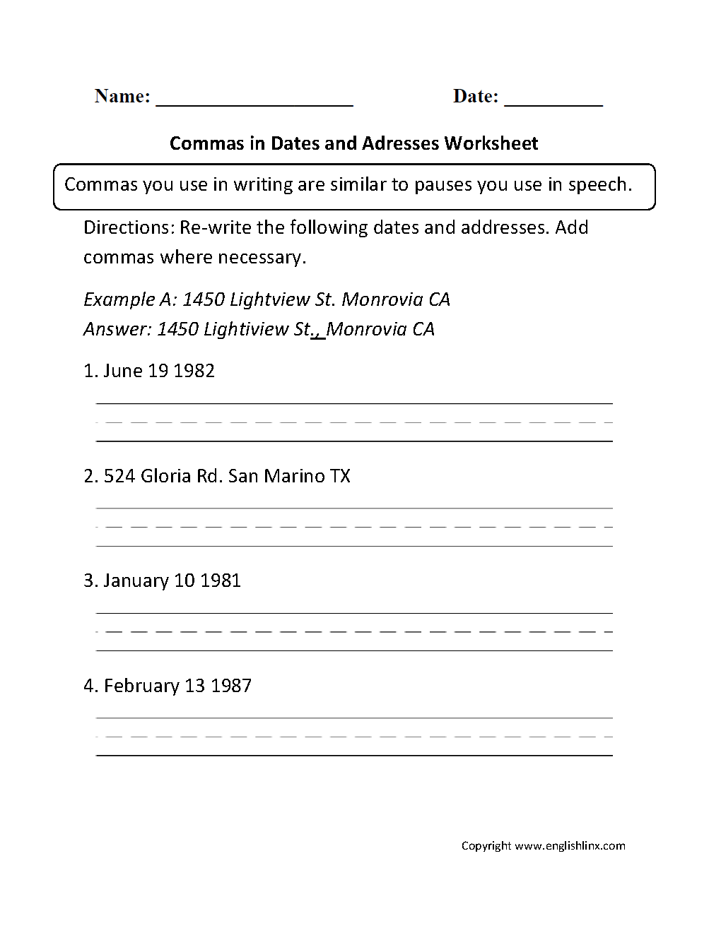Commas Worksheets Commas In Dates And Addresses Worksheet