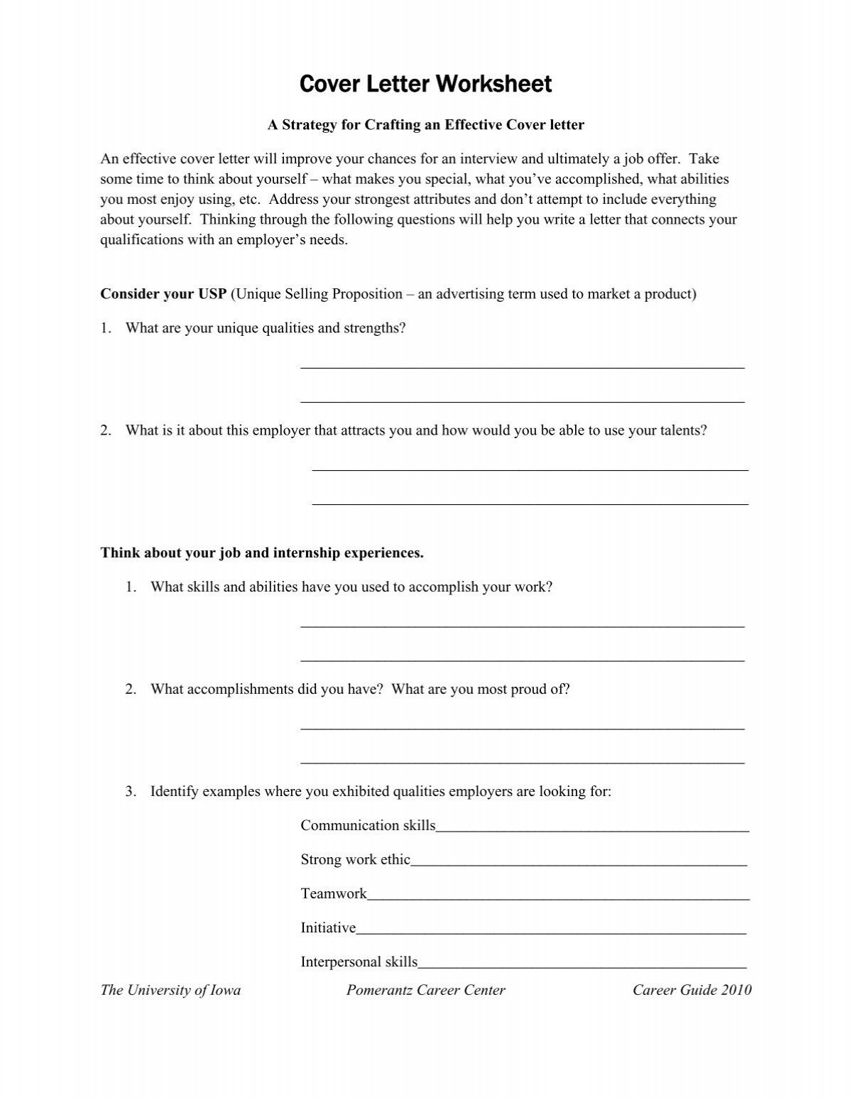 Cover Letter Worksheet Pomerantz Career Center University Of