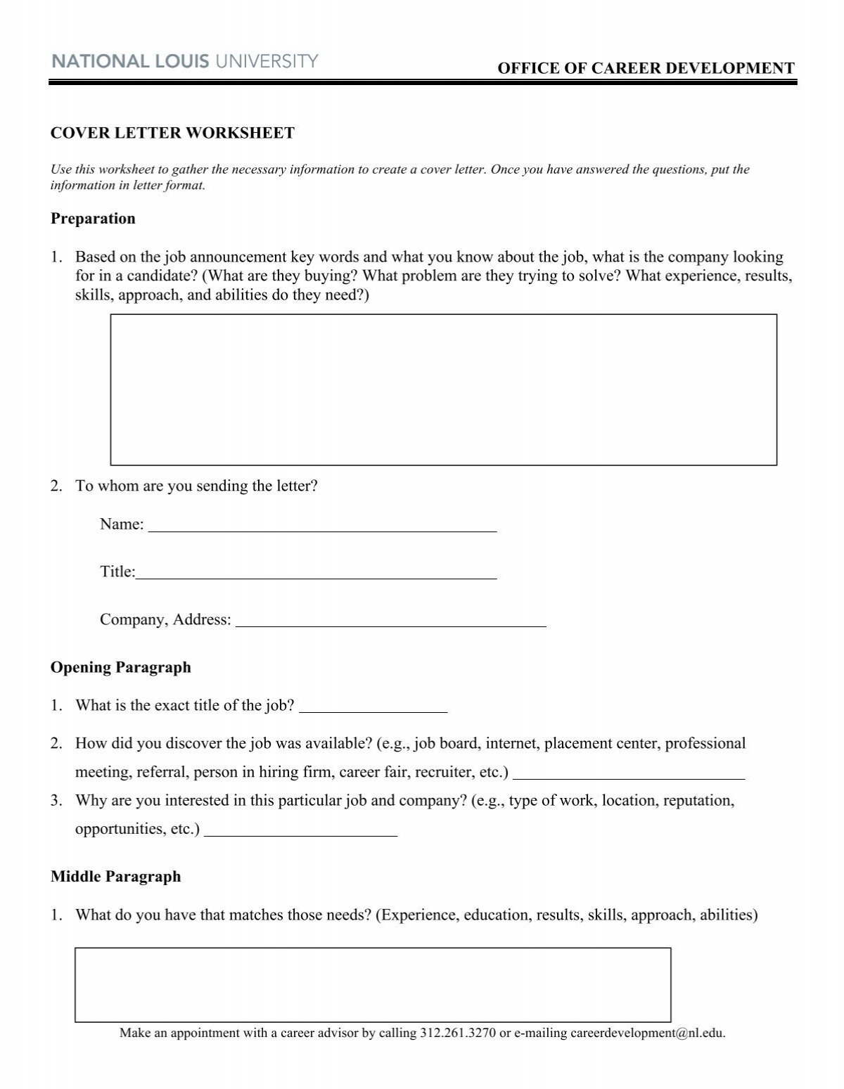 Cover Letter Worksheet