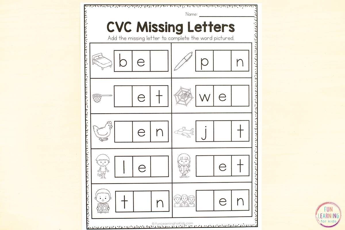 CVC Missing Letter Worksheets For Phonics Practice