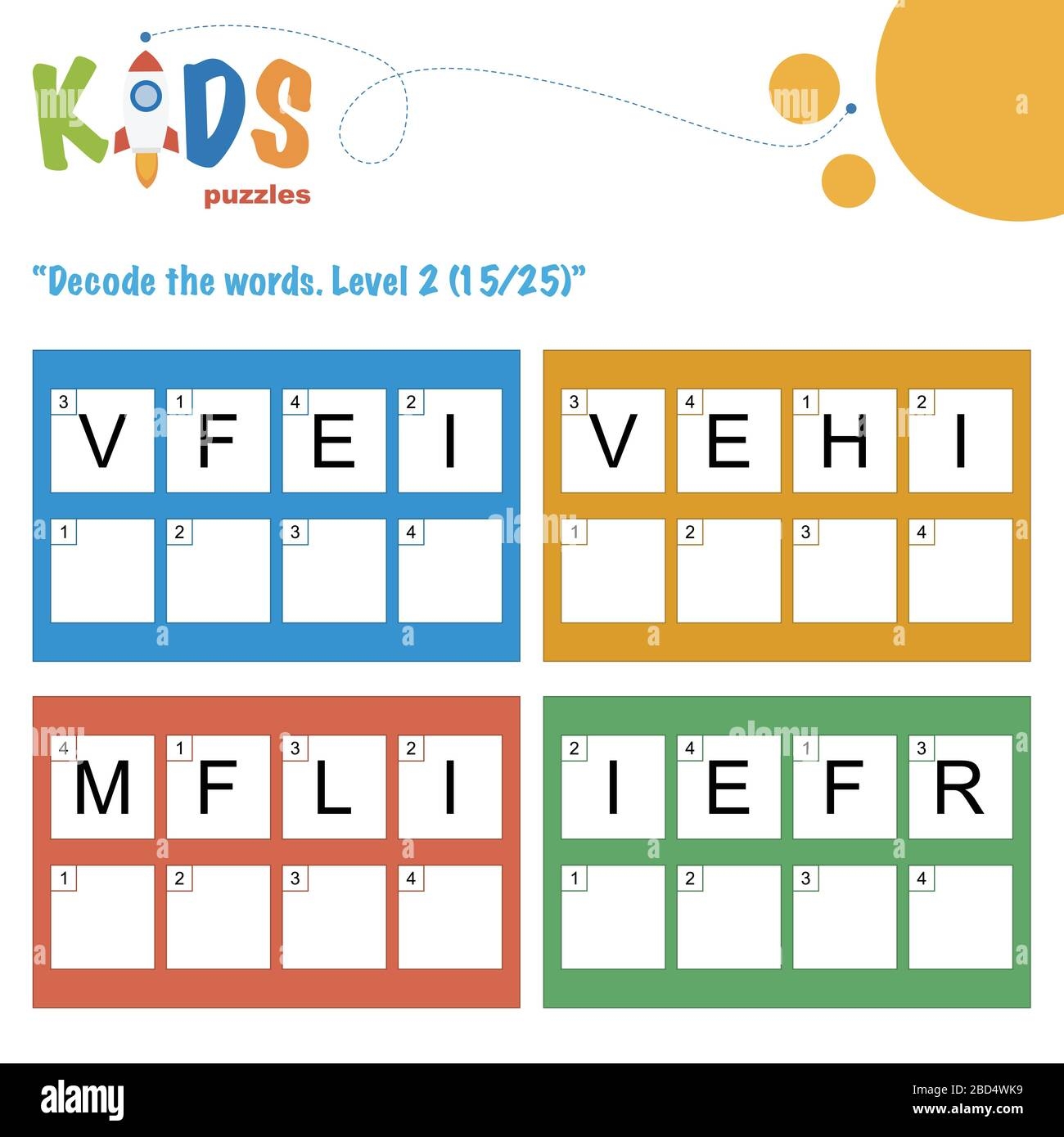 Decode The 4 Letter Words Worksheet Practice For Preschool Elementary And Middle School Kids Fun Logic Puzzle Activity Sheet Stock Vector Image Art Alamy
