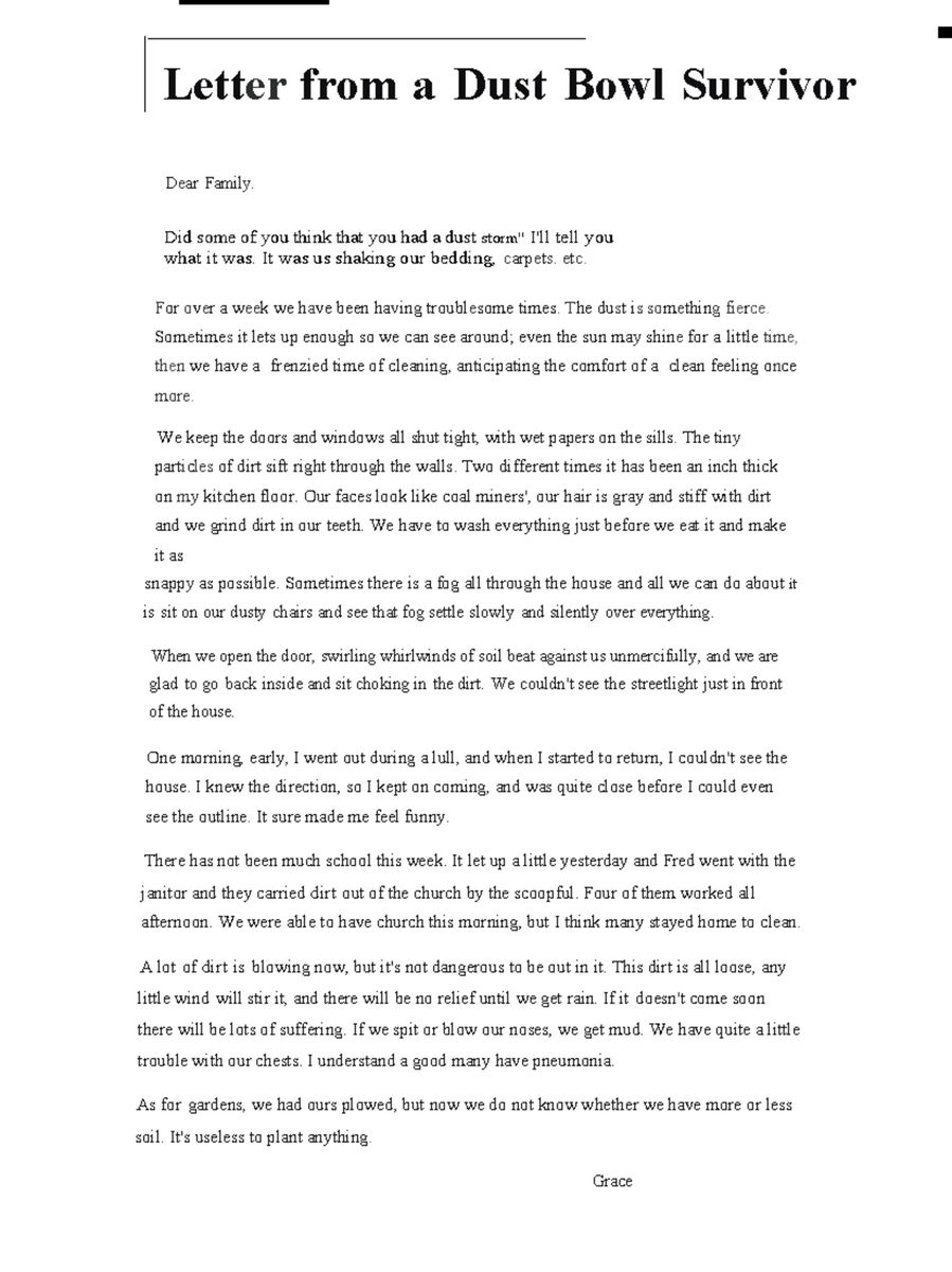 Dust Bowl Survivor Letter A Personal Account Of Hardship Studocu
