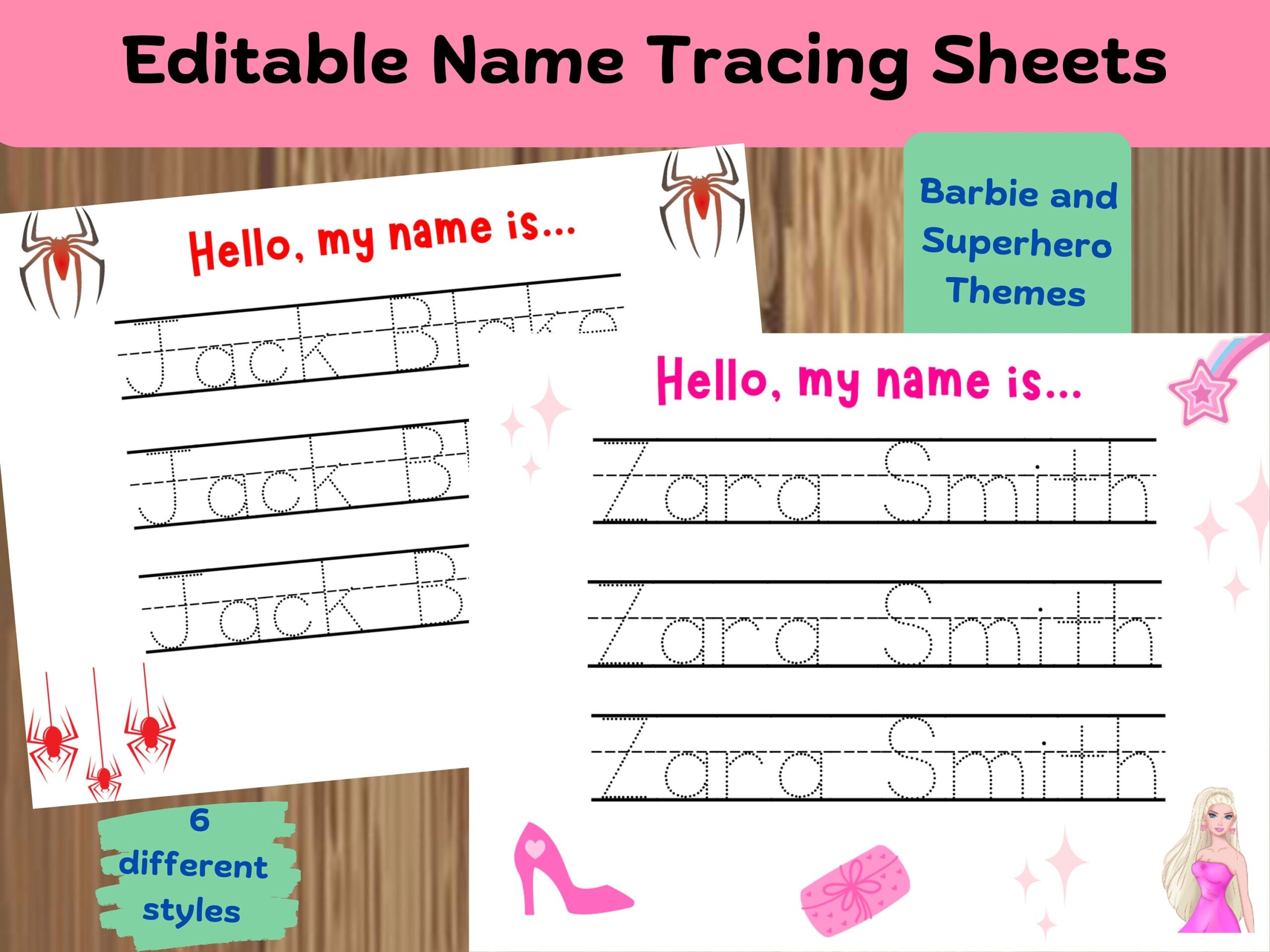 Editable Name Tracing Sheets Barbie Superhero Themes Etsy Editable Name Tracing Sheets Barbie Superhero Themes Etsy