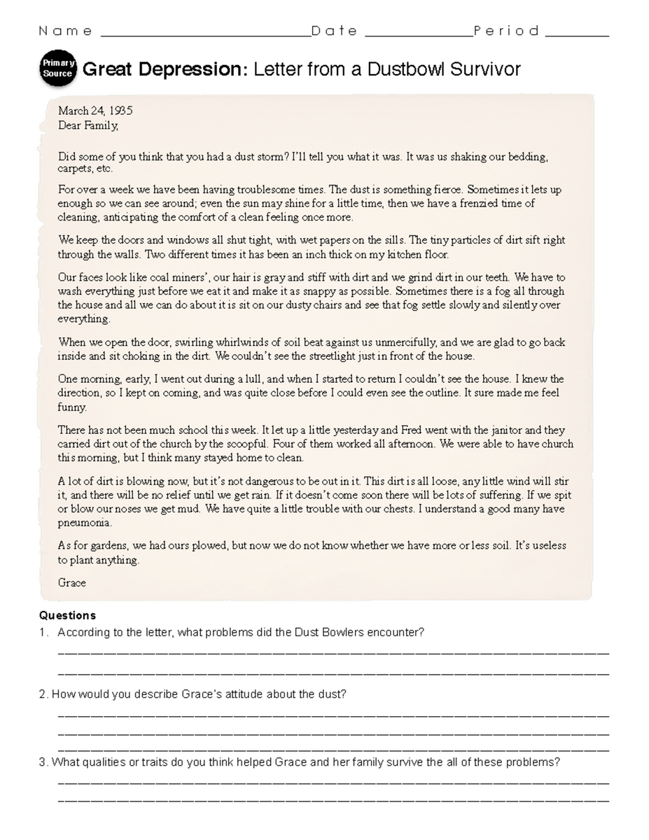 ENG 201 Great Depression Letter From A Dustbowl Survivor Studocu