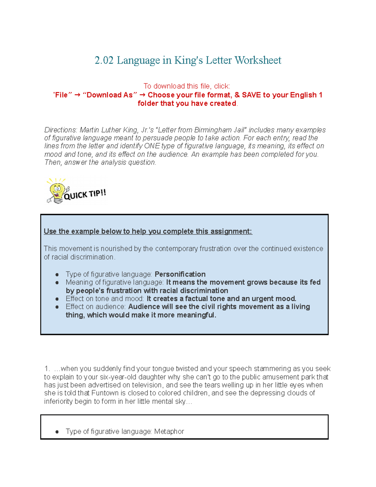 English 1 2 02 Worksheet On Figurative Language In King S Letter Studocu