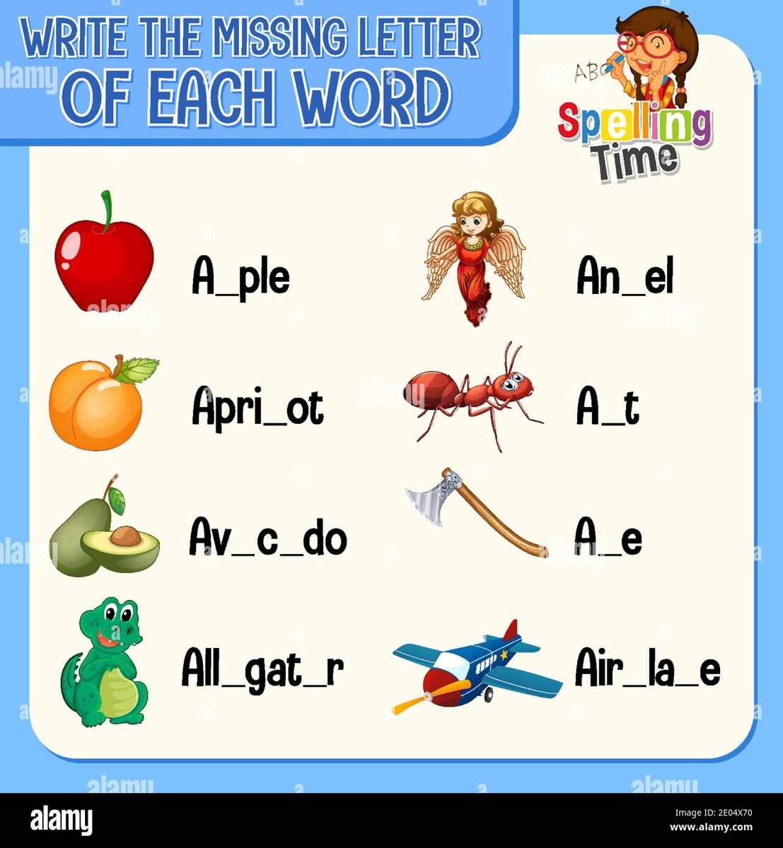 Fill The Missing Letter Of Each Word Worksheet For Children Illustration Stock Vector Image Art Alamy