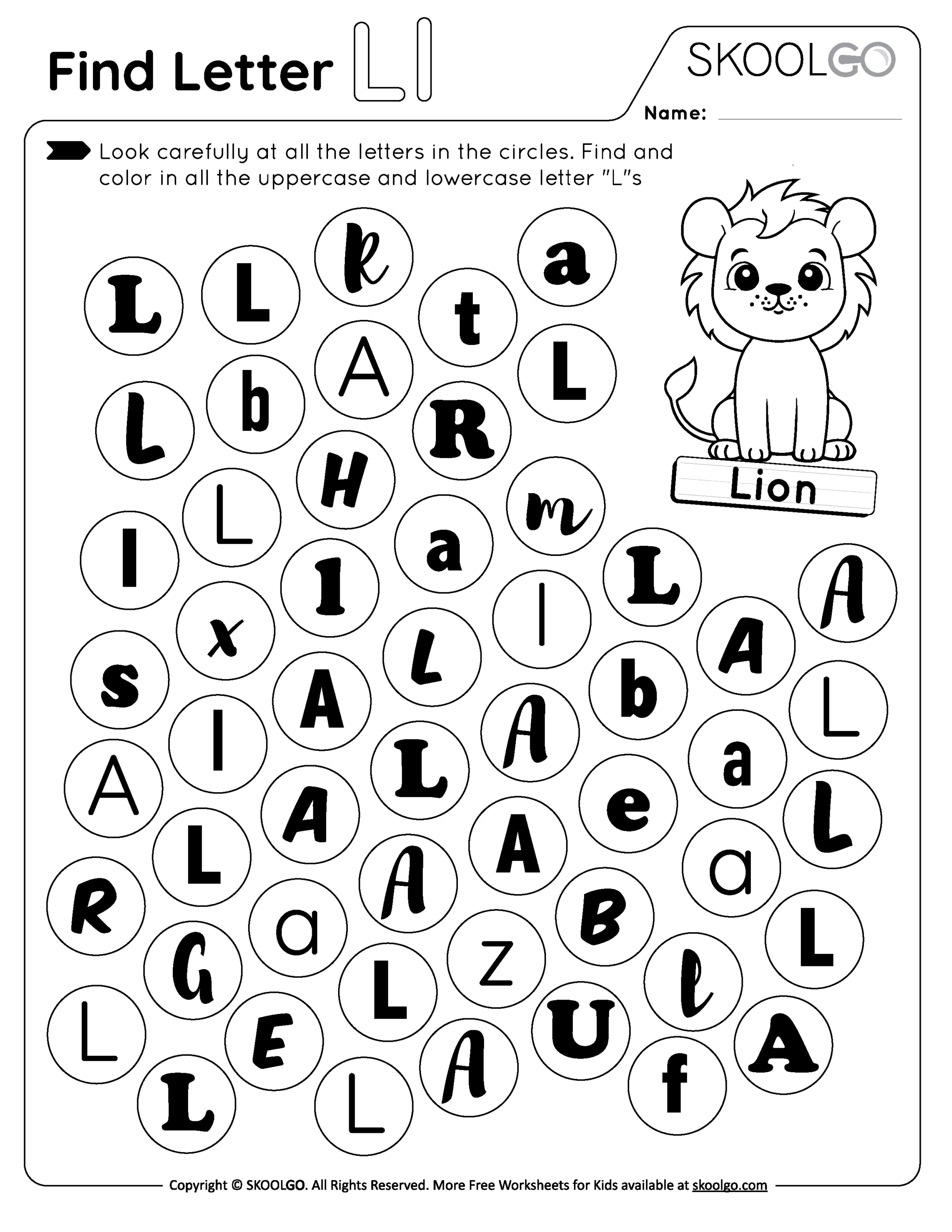 Find Letter L Free Worksheet For Kids SKOOLGO Lowercase Letter Tracing Worksheets Free Printables Doozy Moo