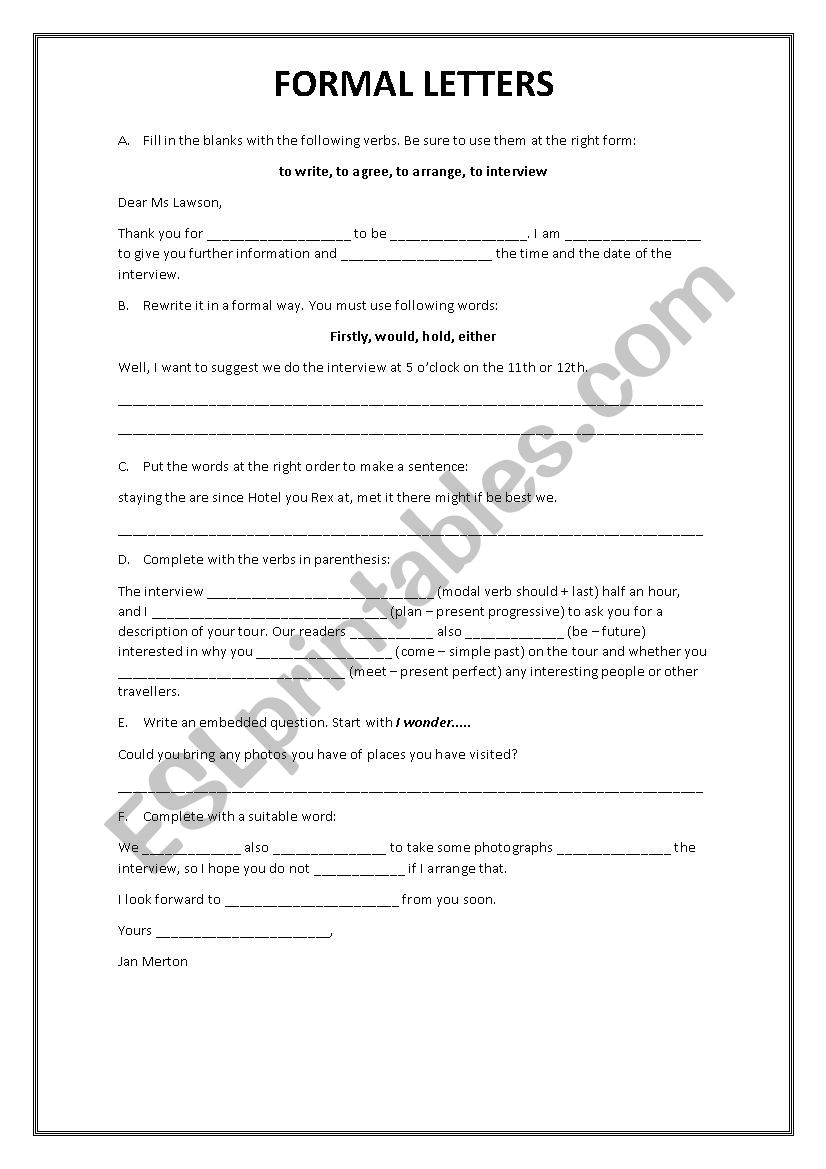 FORMAL LETTER ESL Worksheet By Lubar Parts Of A Business Letter Worksheet 1