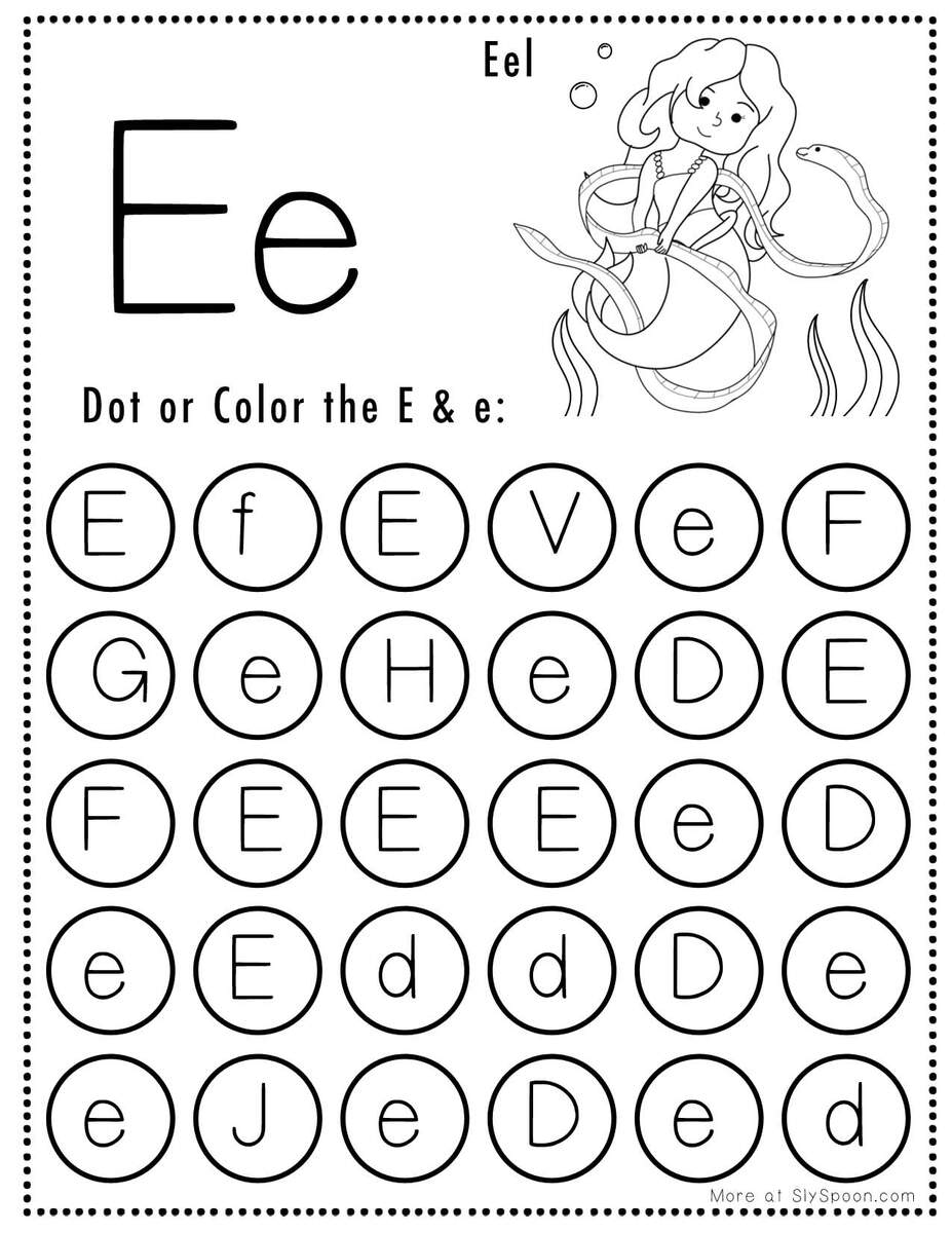 Free Alphabet Do A Dot Printables Worksheets Letter E Mermaid Themed Sly Spoon Uppercase Do A Dot Letter E