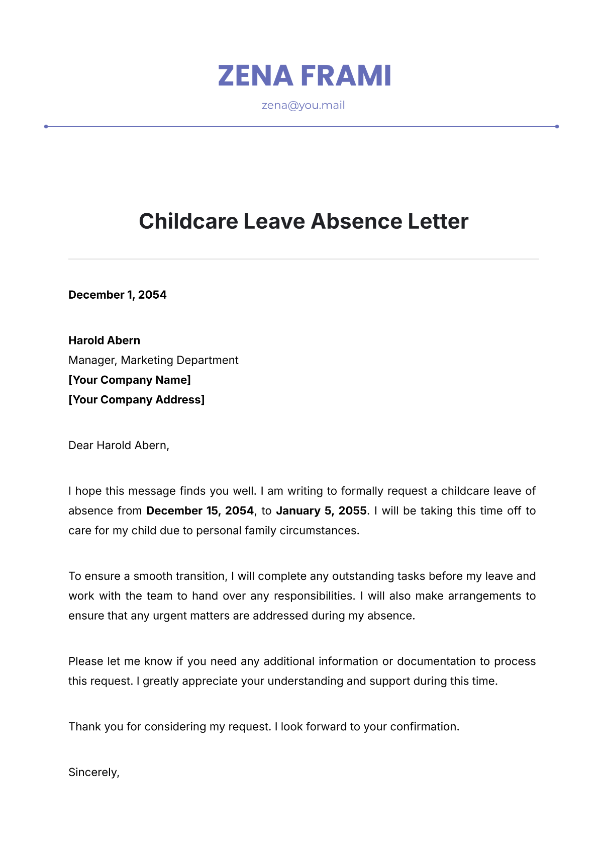 Free Childcare Leave Absence Letter Template To Edit Online