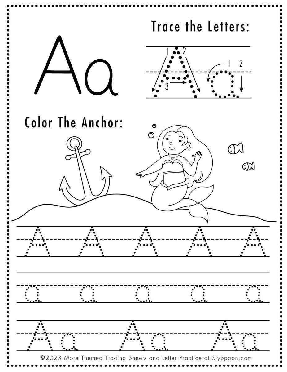 Free Letter A Tracing Worksheets Mermaid Themed Sly Spoon Lowercase Letter A Tracing Worksheet Doozy Moo