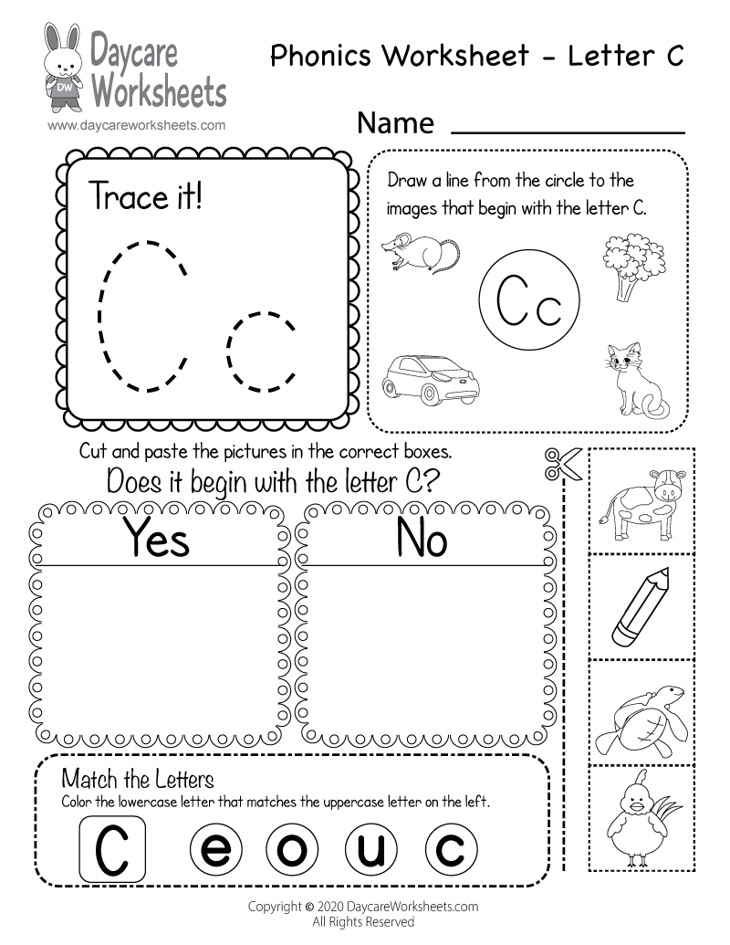 Free Letter C Phonics Worksheet For Preschool Beginning Sounds Letter C Read And Match Beginning Sounds Worksheet Ezpzphonics