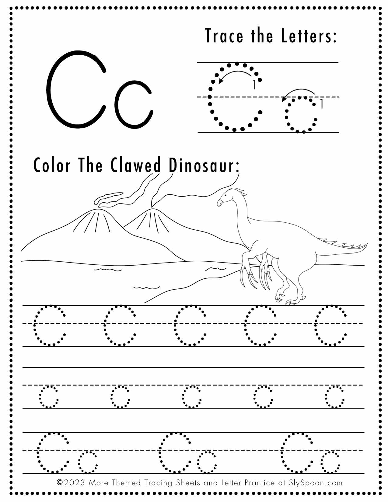 Free Letter C Tracing Worksheet Printable Dinosaur Themed Sly Spoon Letter C Tracing Worksheet Free Printables Teach Prints