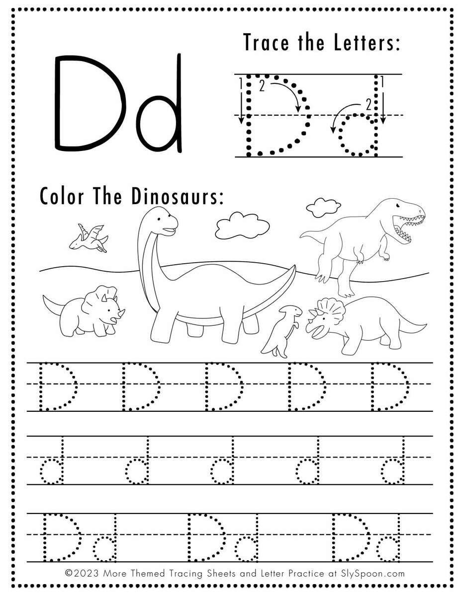 Free Letter D Tracing Worksheet Printable Dinosaur Themed Sly Spoon
