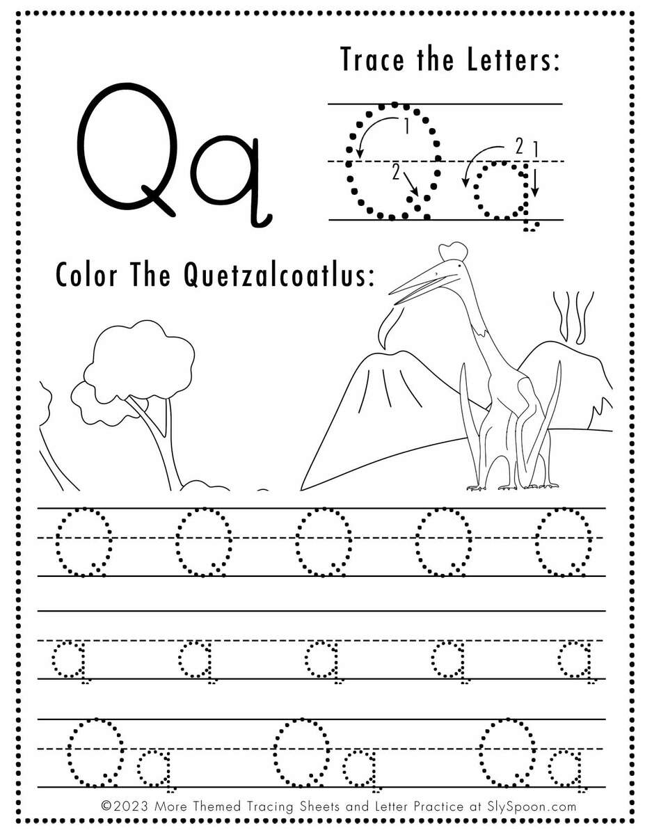 Free Letter Q Tracing Worksheet Printable Dinosaur Themed Sly Spoon