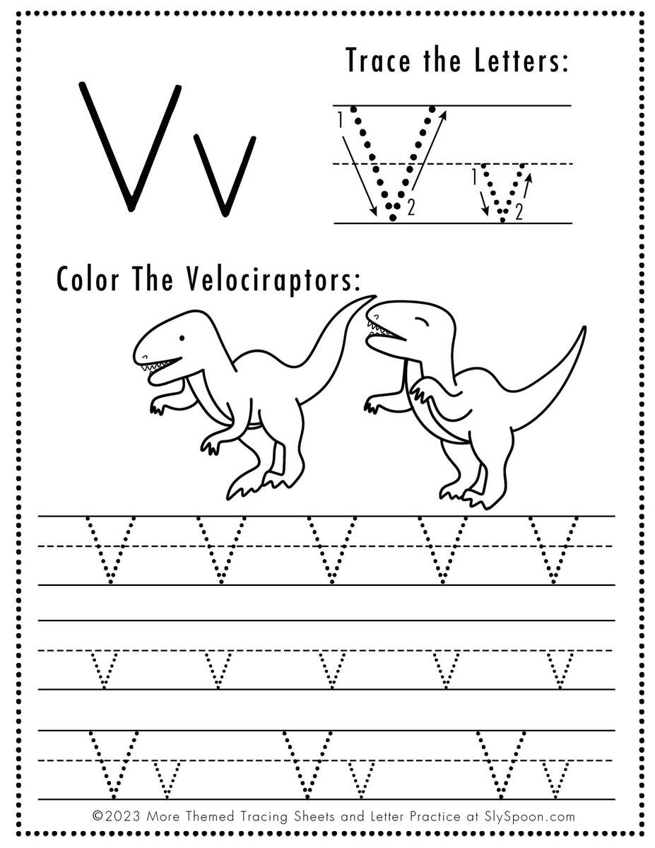 Free Letter V Tracing Worksheet Printable Dinosaur Themed Sly Spoon