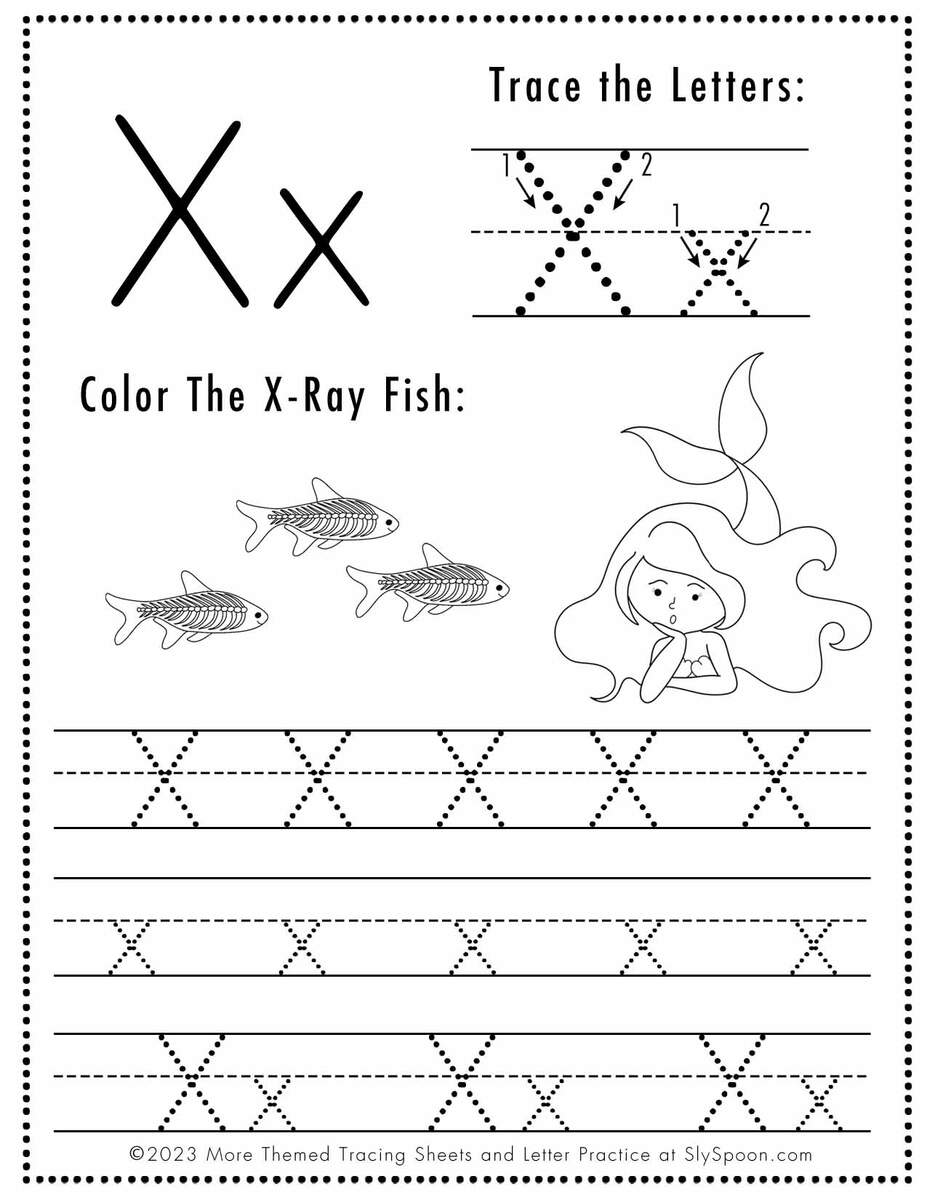Free Letter X Tracing Worksheet Printable Mermaid Themed Sly Spoon Uppercase Letter X Tracing Worksheet Doozy Moo