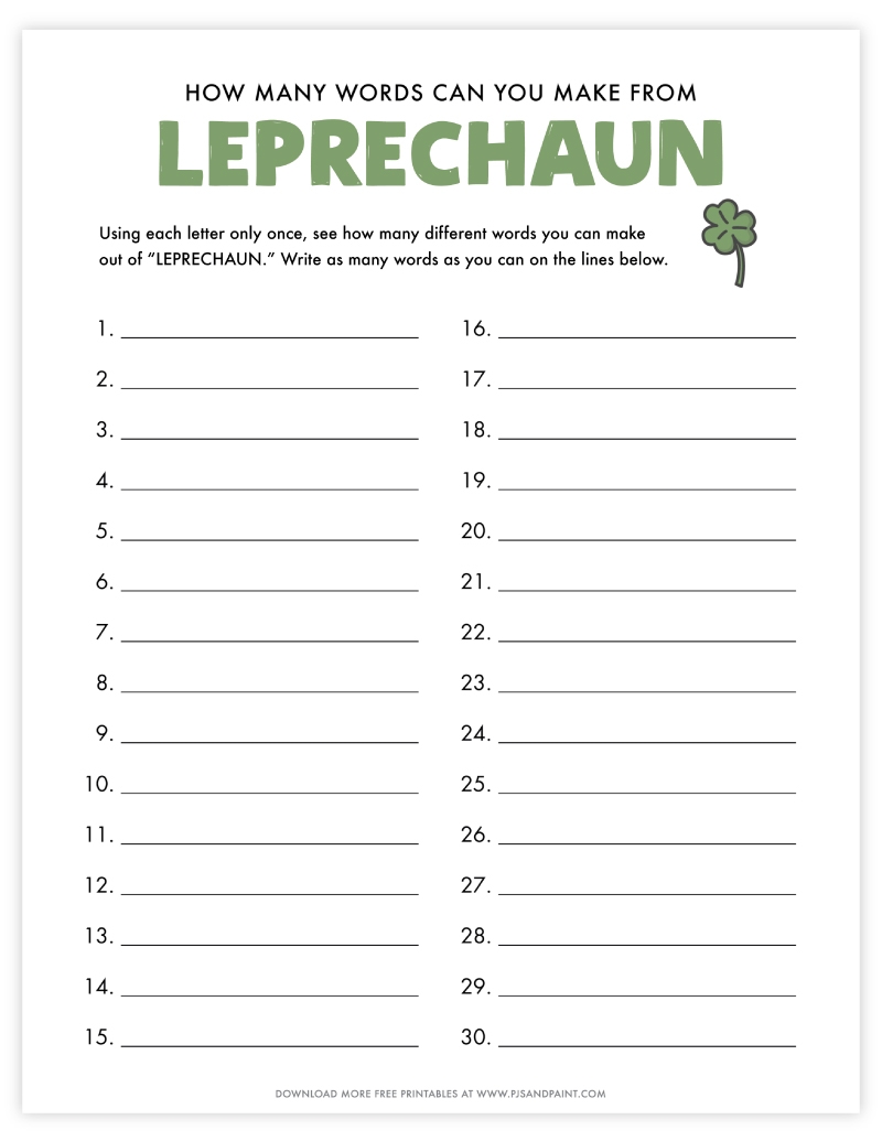 Free Printable How Many Words Can You Make Out Of Leprechaun Game