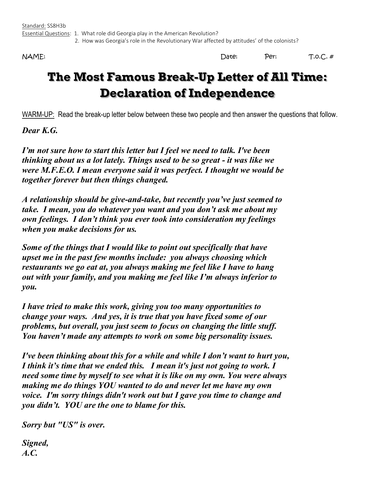 Georgia The Revolution Declaration Of Independence Worksheet
