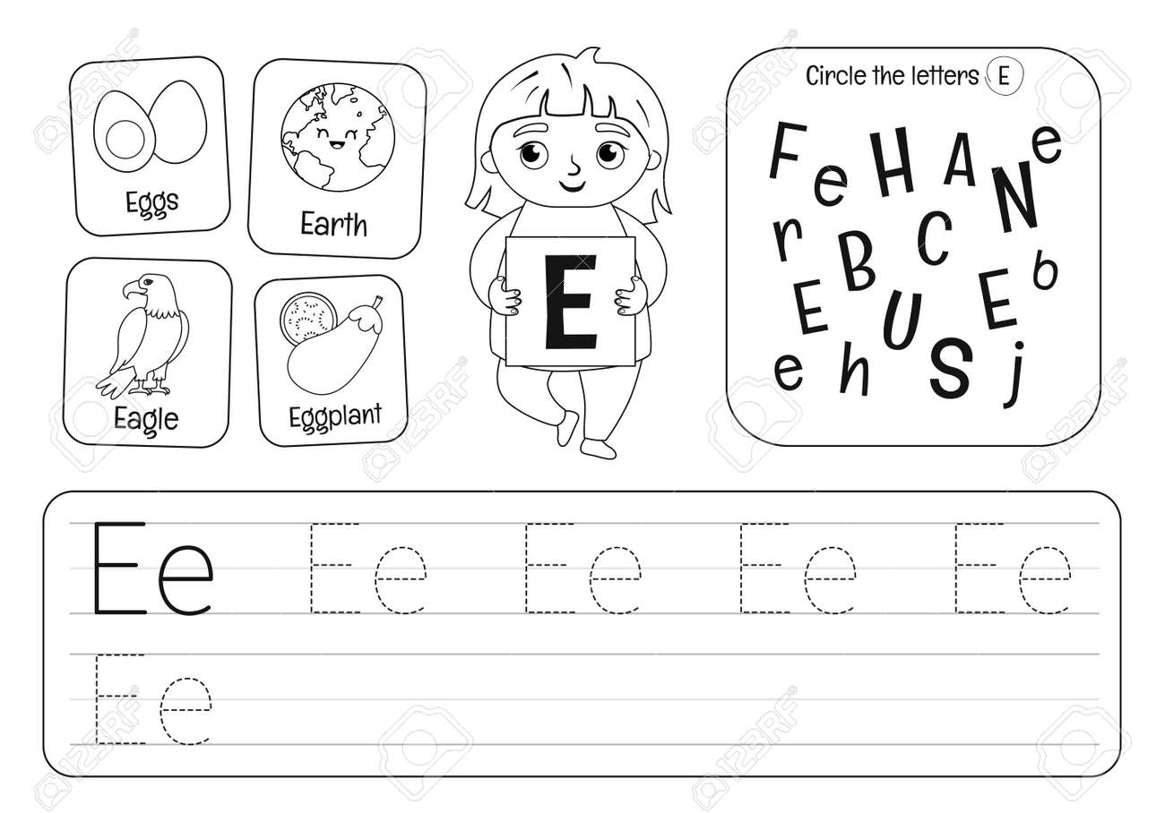 Kids Learning Material Worksheet For Learning Alphabet Letter E Black And White Royalty Free SVG Cliparts Vectors And Stock Illustration Image 150538819 Letter Ee Trace And Color The Pictures Free PDF Download Ezpzphonics