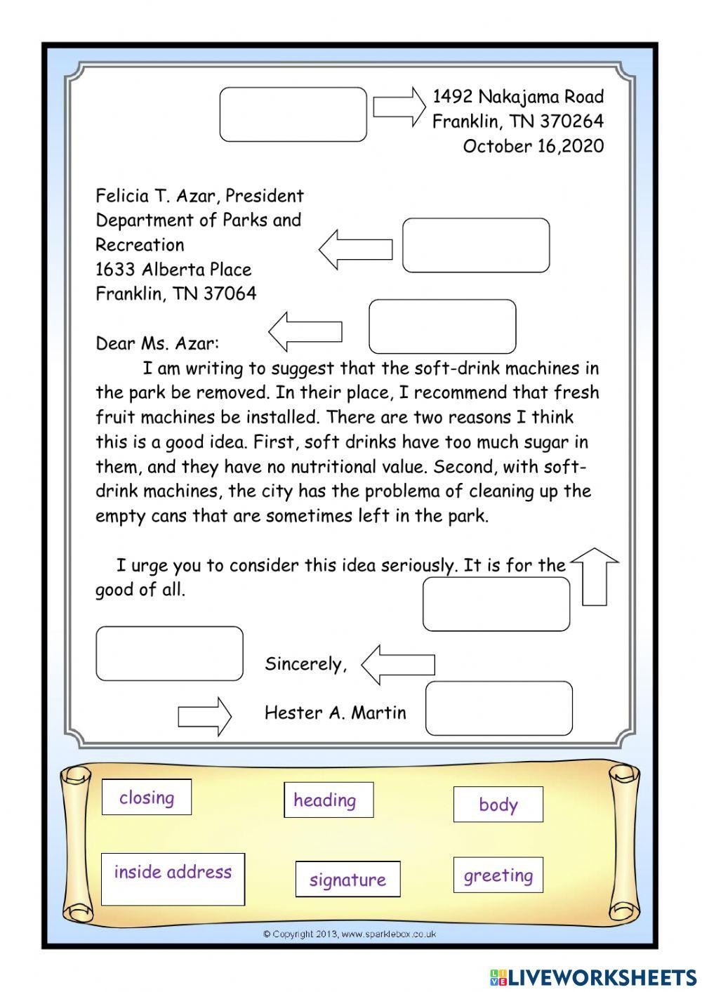 Labeling Parts Of A Business Letter Online Exercise For Live Worksheets Library