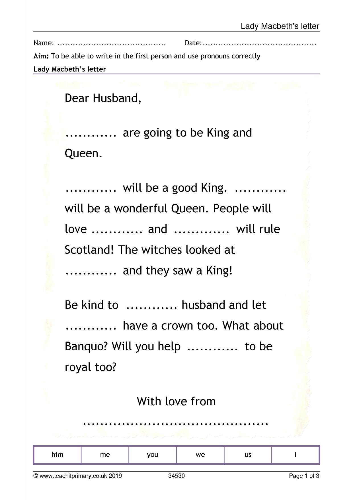 Lady Macbeth Pronouns Letter KS2 English Teachit