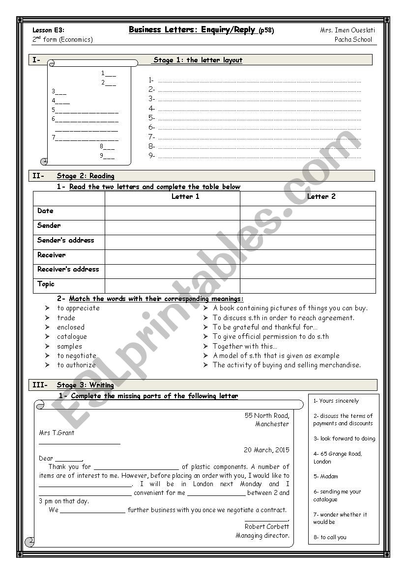 Lesson E3 Business Letter Inquiry reply ESL Worksheet By Imanitta