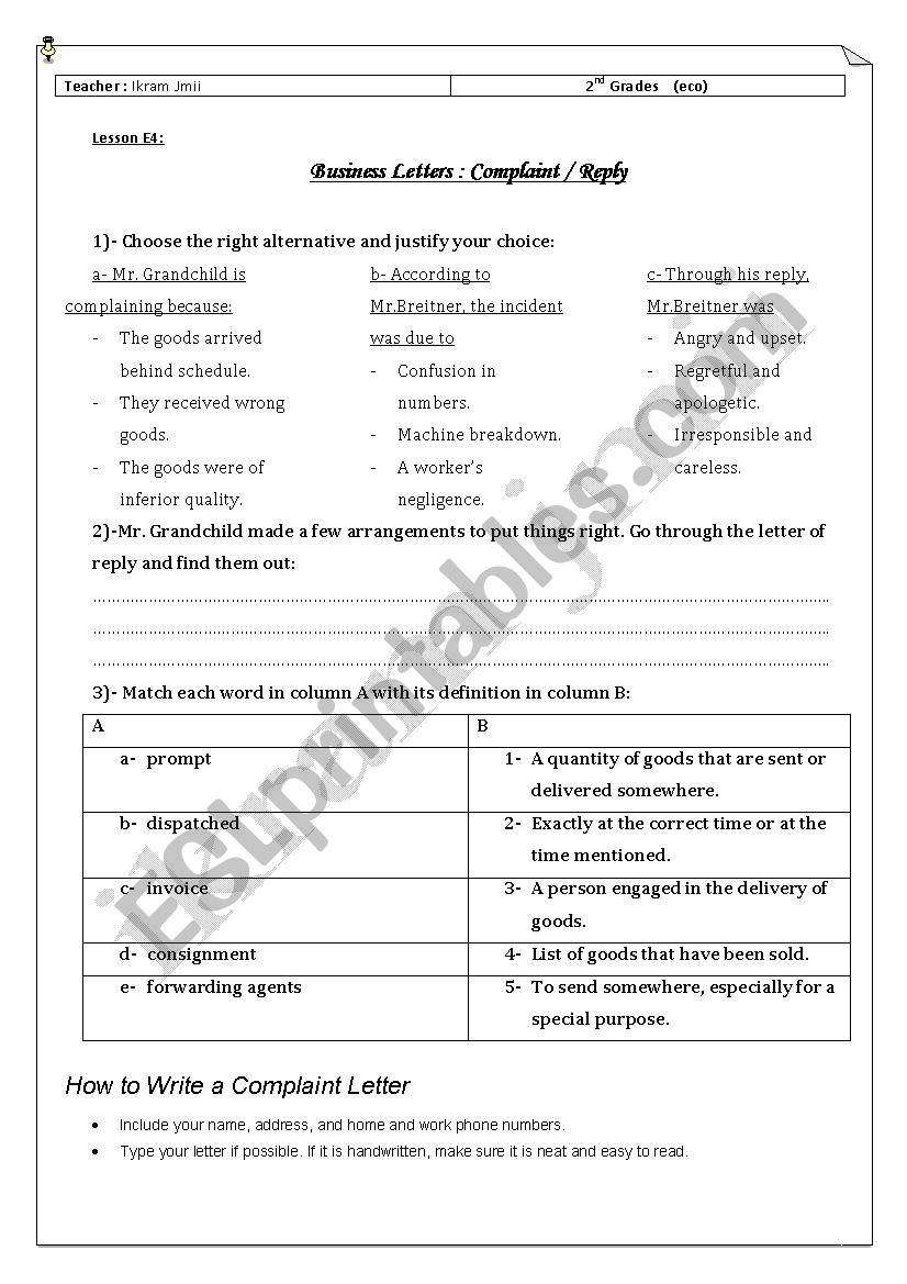 Lesson E4 Business Letter Complaint ESL Worksheet By Kokitaa Lesson E4 Business Letter Complaint ESL Worksheet By Kokitaa