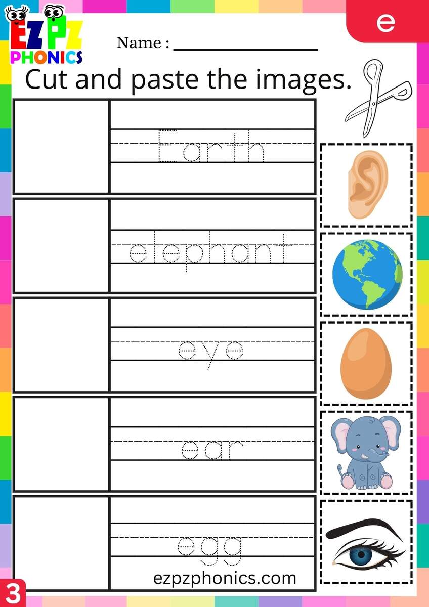 Letter E Cut And Paste The Images Phonics Activity Group 3 Ezpzphonics