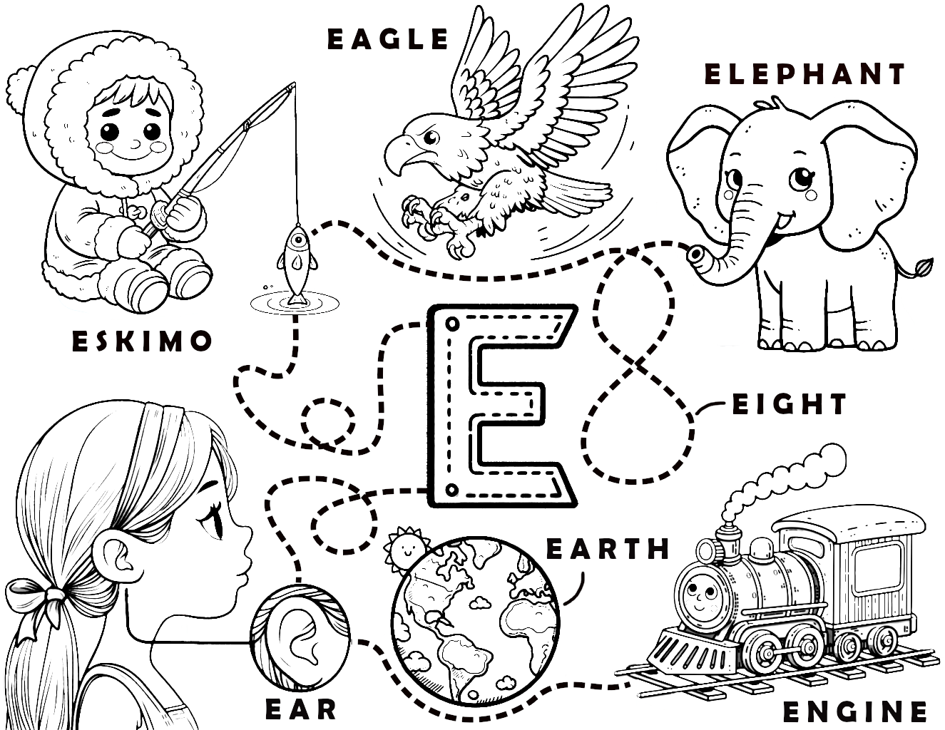 Letter E Words Learning Sheet Eskimo Eagle Elephant Eight Engine Earth Ear Coloring Letter E Words Learning Sheet Eskimo Eagle Elephant Eight Engine Earth Ear Coloring